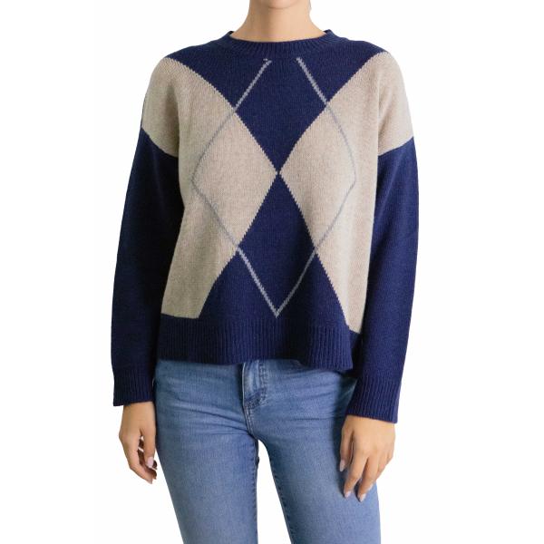 Maglione con rombi bicolore girocollo misto cashmere